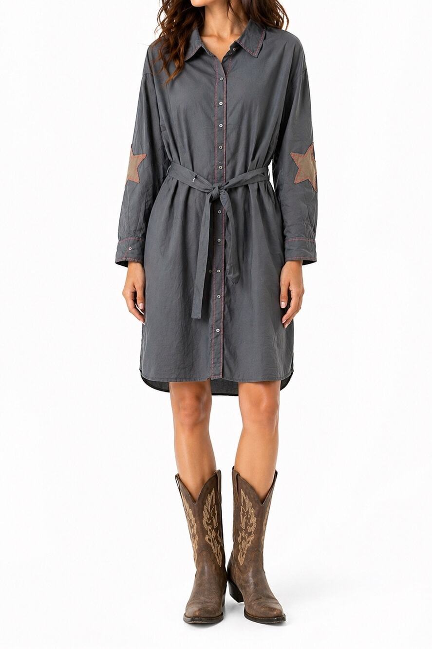 NATURAL LIFE Shirt Dress Gray Star Patch Button Front Boho Western NWT M Rodeo